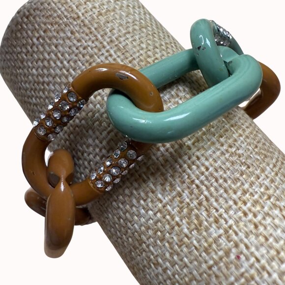 J Crew Chunky Chain Link Bracelet W/ Rhinestone Accents Green & Brown Enamel Gol - Picture 3 of 10